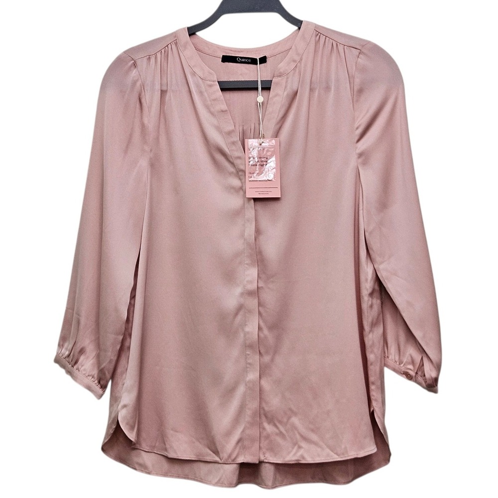 Quince Blouse Women XS Dusty Rose Silk‎ V-Neck 3/4 Sleeve Classic Professional